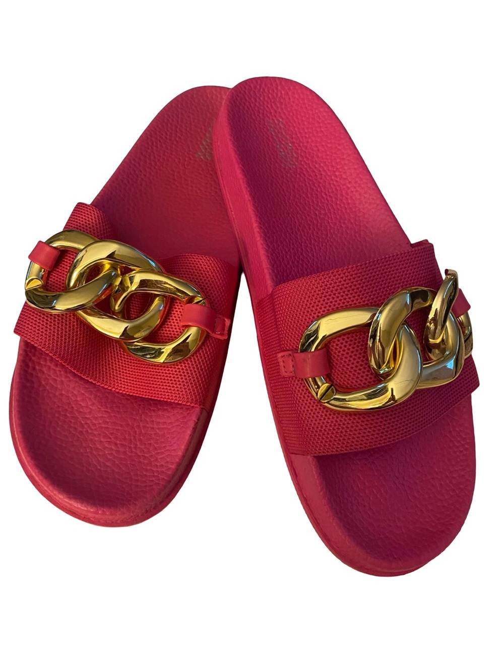 Women’s Pink Slide Sandals with Gold Chain Accent